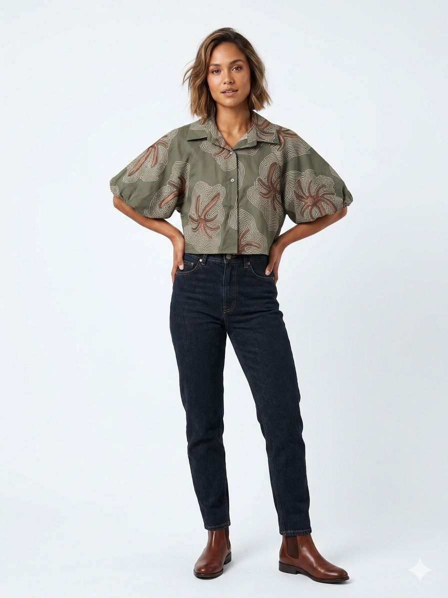 Olive Swirl Crop Shir